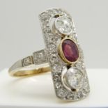 A fine quality Victorian antique ruby and old-cut diamond panel ring, in white and yellow gold