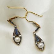 A boxed pair of vintage-style cultured pearl, sapphire and diamond drop earrings