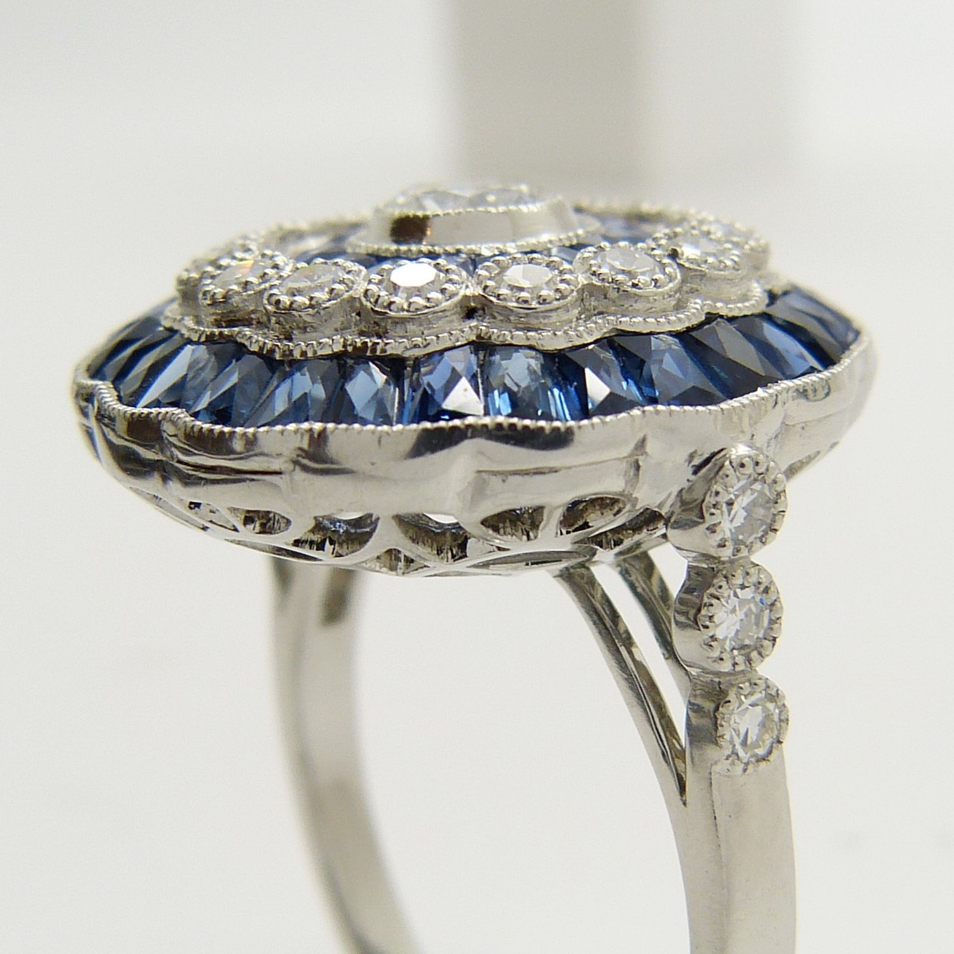 A large platinum floral-style diamond and sapphire cocktail ring - Image 2 of 7