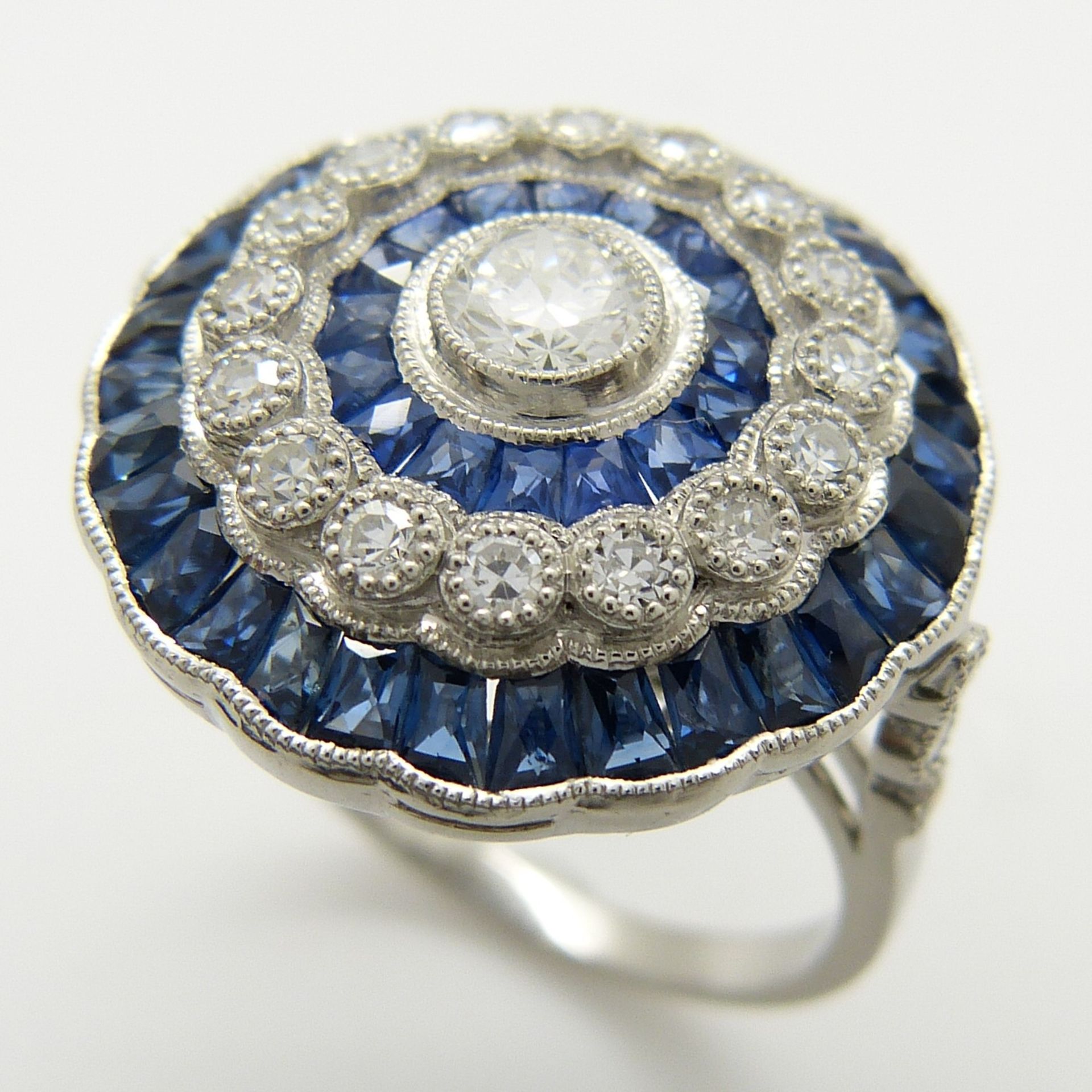 A large platinum floral-style diamond and sapphire cocktail ring - Image 3 of 7