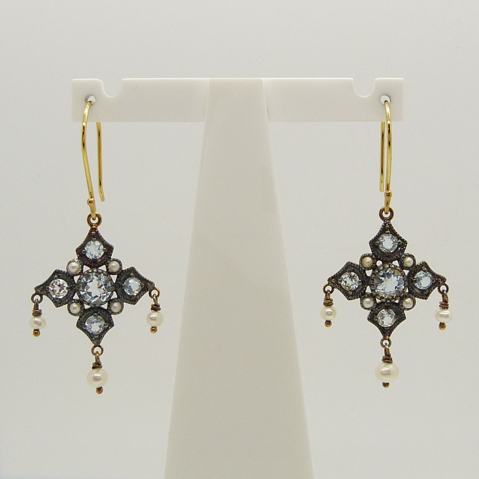 Drop earrings set with blue topaz, pearls and seed pearls in an Edwardian style, with stylish box - Image 3 of 5