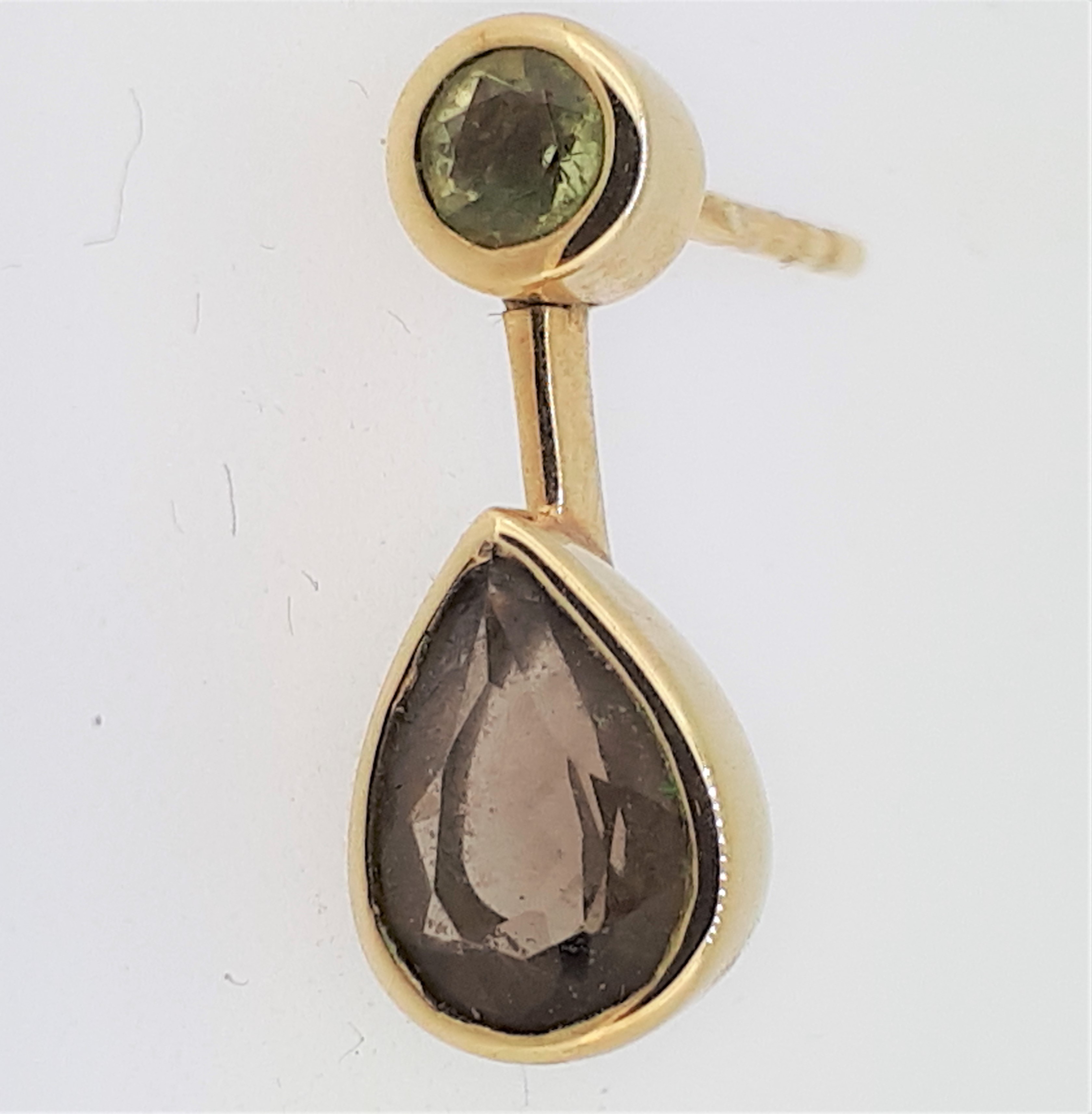 9ct (375) Yellow Gold Peridot & Smokey Quartz Drop Stud Earrings