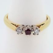 18ct (750) Yellow Gold Ruby & Diamond Three Stone Ring