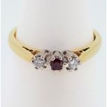 18ct (750) Yellow Gold Ruby & Diamond Three Stone Ring