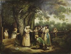 Pair of Early 19th c. Country Genre Scenes Oil on Canvas