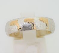 RRP £290 - Silver Scratch Finish Ring with 18ct (750) Yellow Gold Dolphin Design