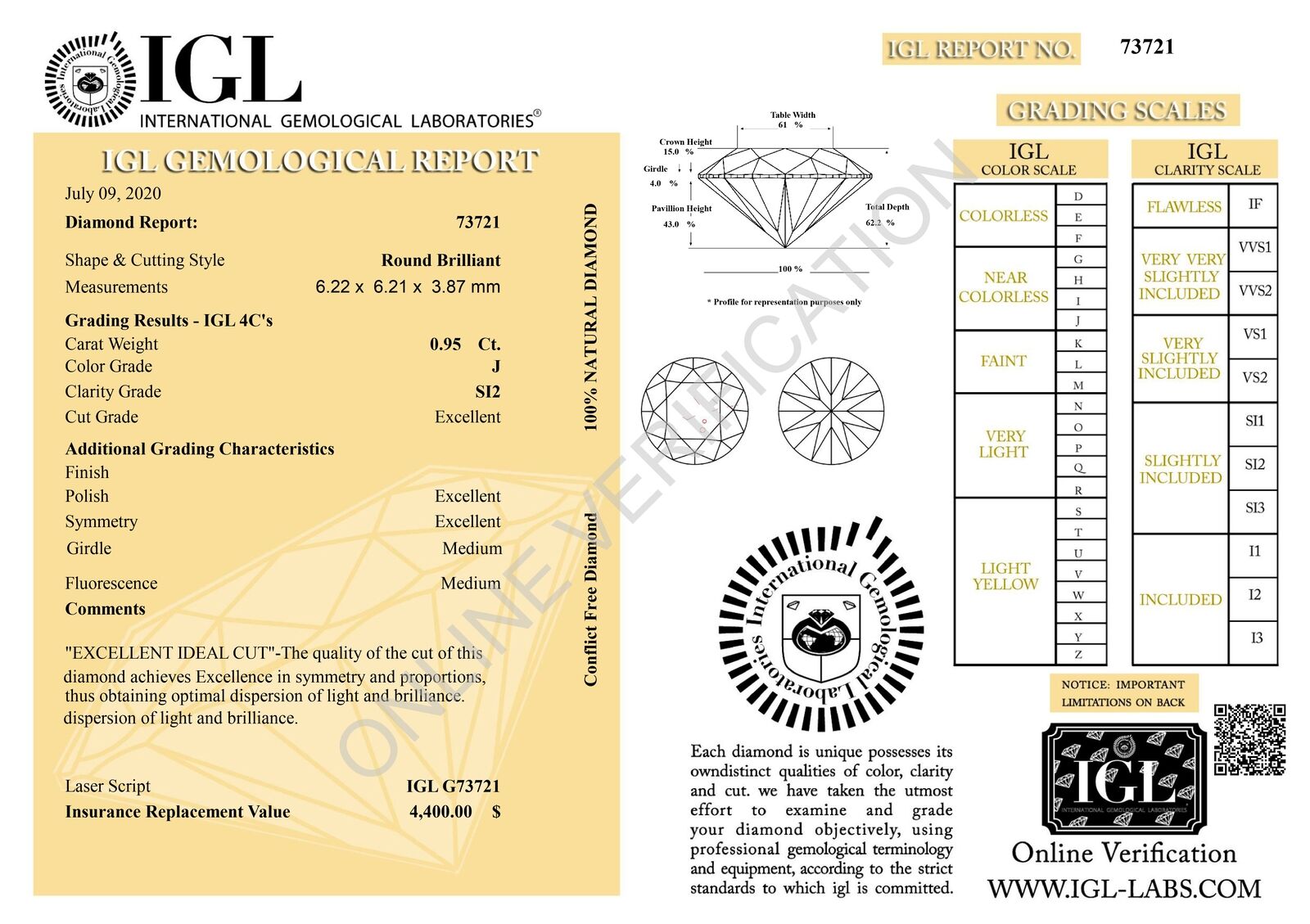 Certified 0.95 ct , 6.22 mm SI2 White Natural Diamond Ring set in 18K Gold - Image 8 of 8