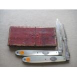 Rare George III Cased Matching Mother of Pearl Hafted Silver Bladed Folding Fruit Knife and Fork