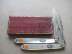 Rare George III Cased Matching Mother of Pearl Hafted Silver Bladed Folding Fruit Knife and Fork