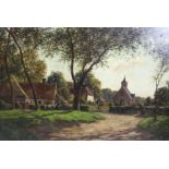 Large Late 19th c. Village Landscape Oil on Canvas