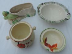 Clarice Cliff Budgerigar design Flower Bowl, with 3 other pots/dishes