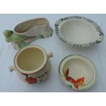 Clarice Cliff Budgerigar design Flower Bowl, with 3 other pots/dishes