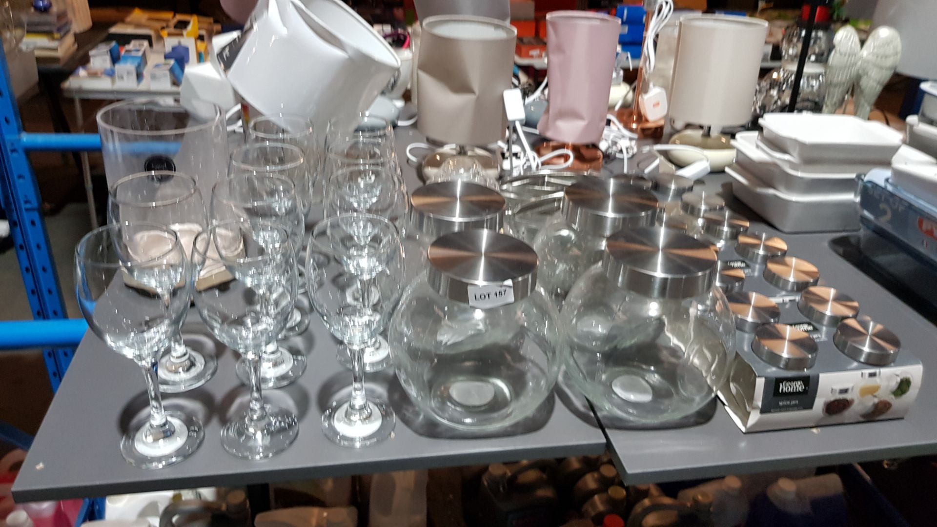 32 Items : Mixed Glassware Lot To Include Wine Glasses, Vase, Bon Bon Jars & Spice Jars