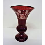 Vintage Bohemian Egermann Red Cut To Clear Glass Vase