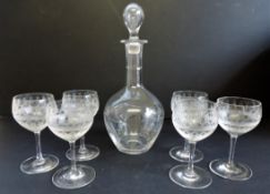 Antique Edwardian Etched Wine Glasses & Decanter Set