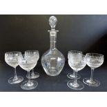 Antique Edwardian Etched Wine Glasses & Decanter Set