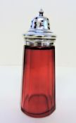 Antique Cranberry Glass & Silver Plate Sugar Sifter/Shaker