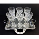 6 Crystal Glasses & Silver Plated Serving Tray