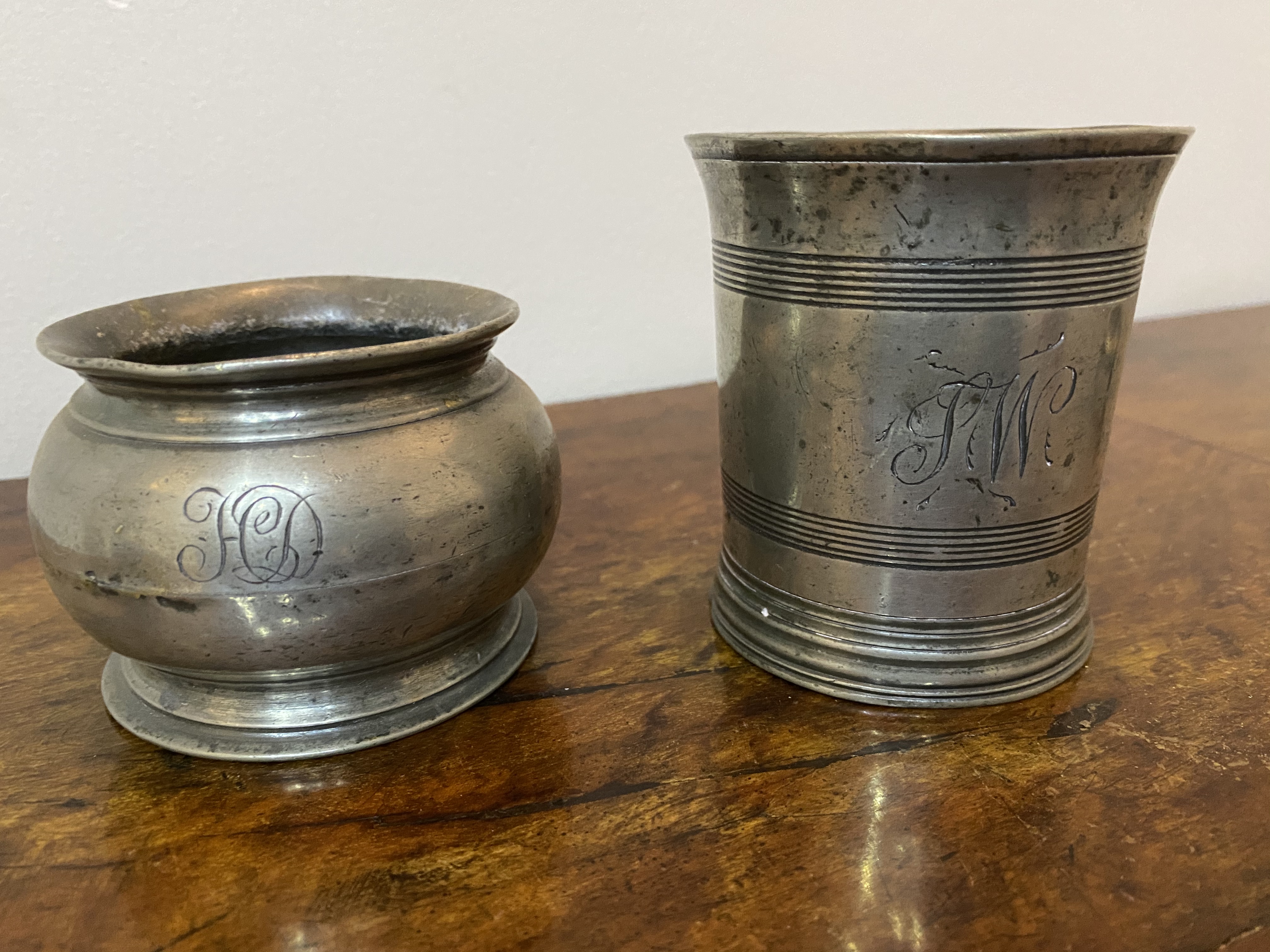 Two pieces of pewter both initialled