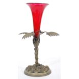 C19th plated epergne with cranberry glass shade insert
