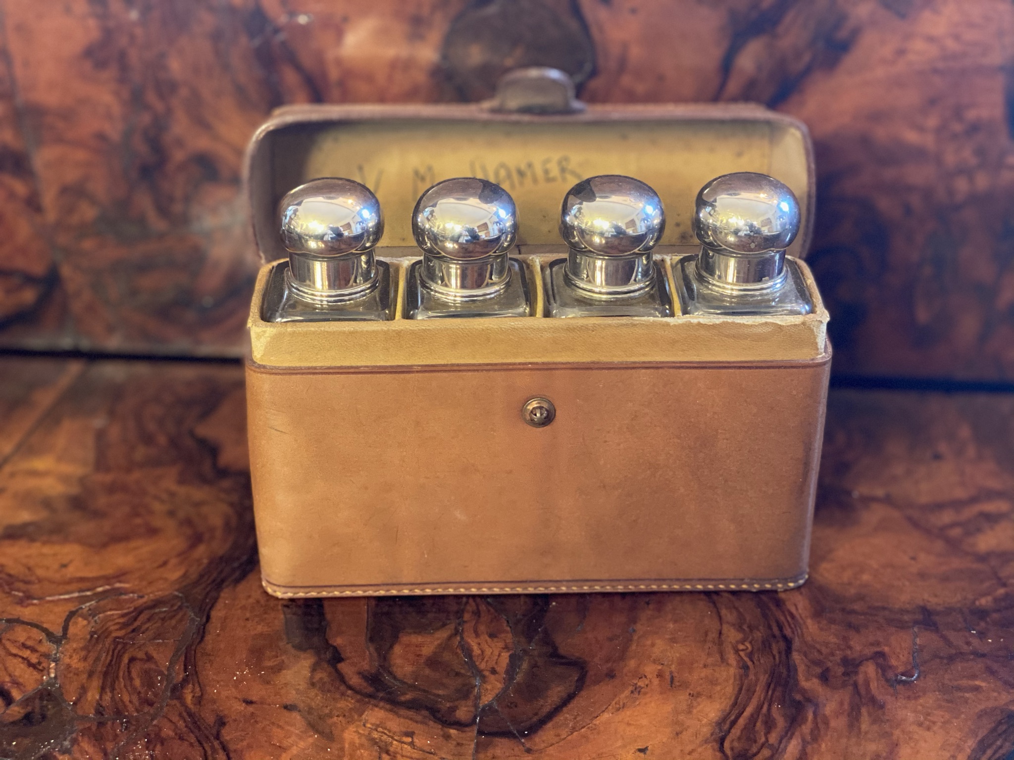 Travelling or campaign four bottle flasks in leather container - Image 3 of 7