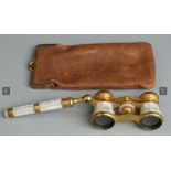 Pair of mother of Pearl opera glasses in kid-glove case