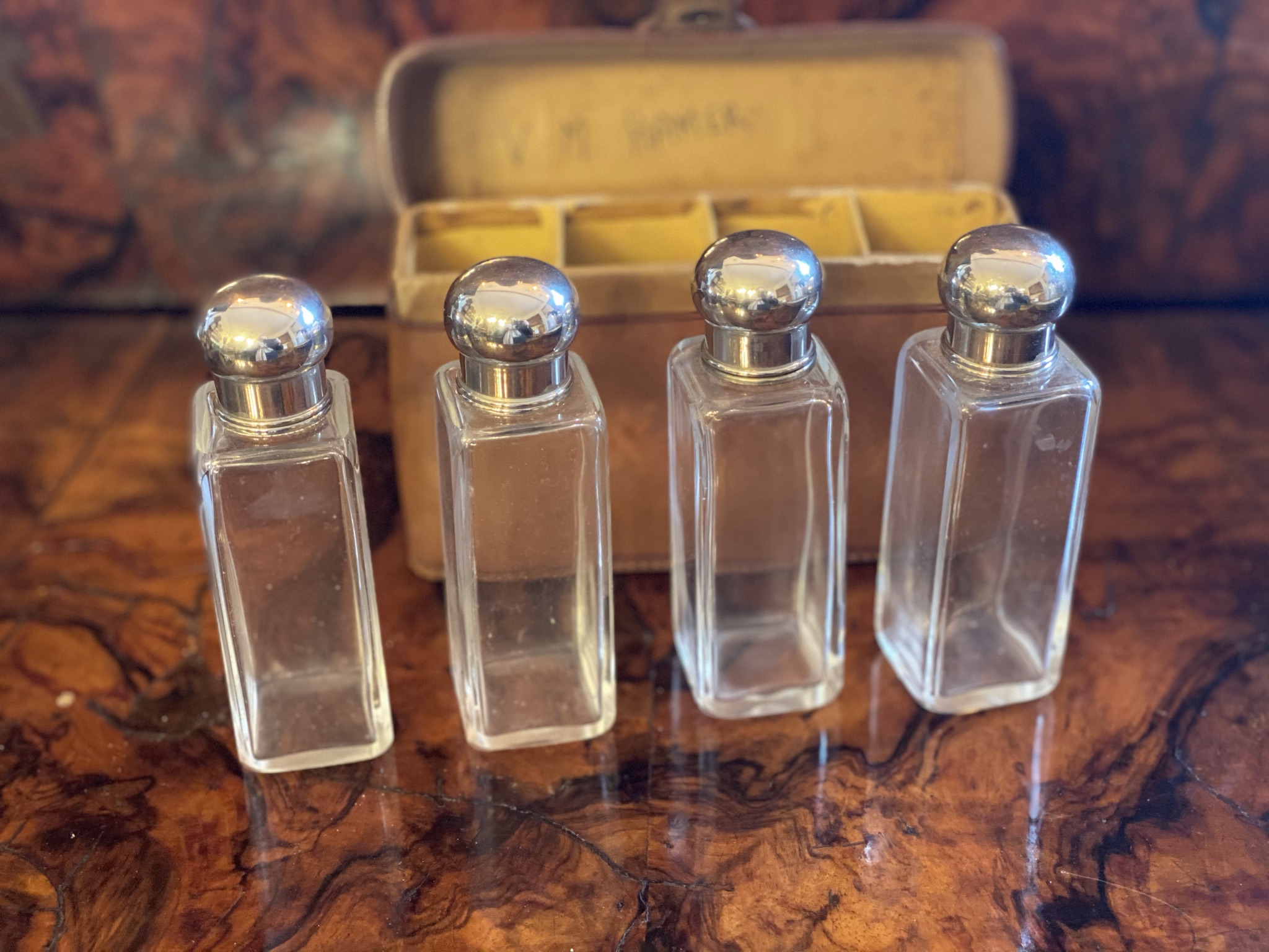 Travelling or campaign four bottle flasks in leather container