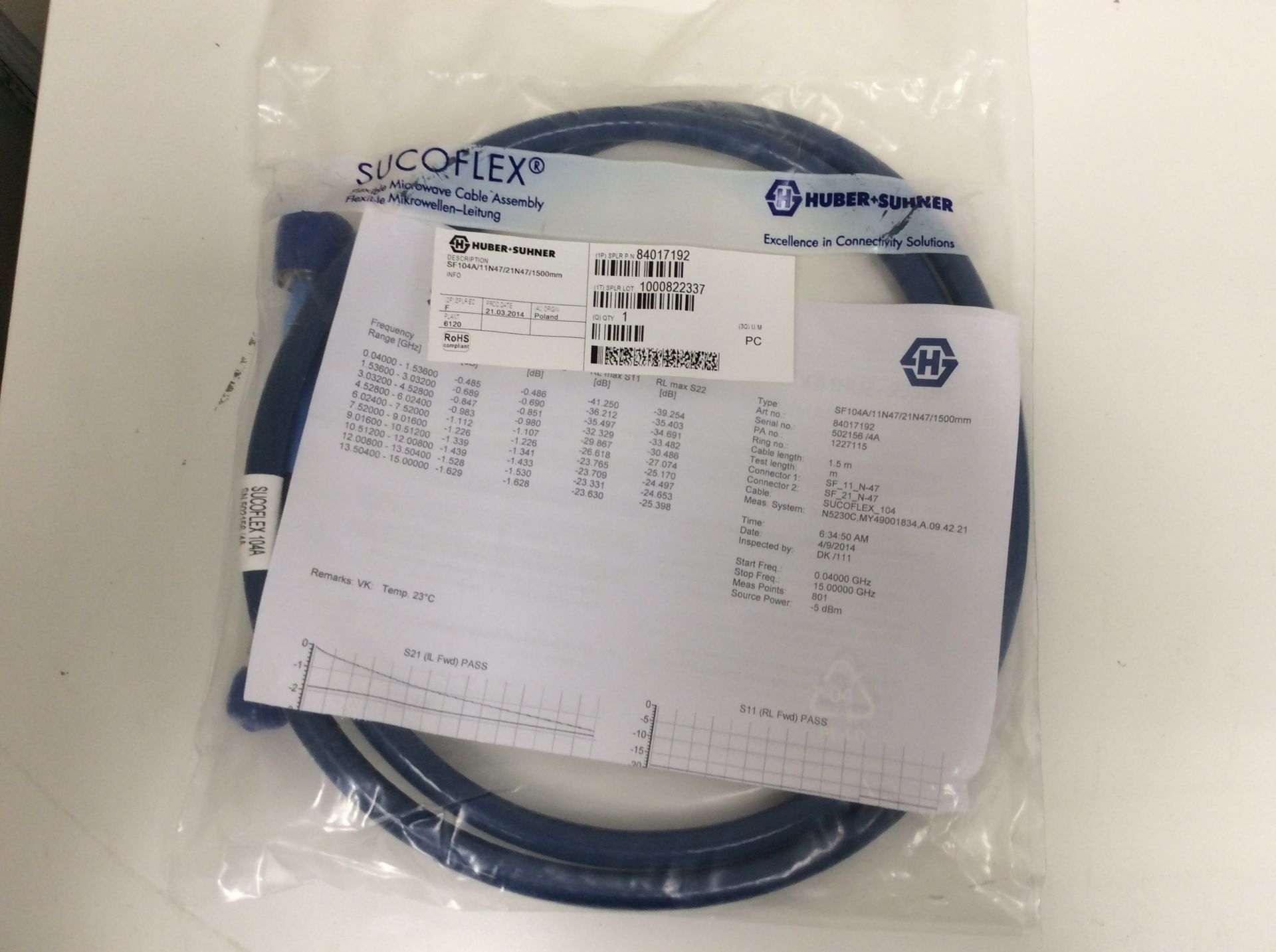 Huber suhner microwave flexible cable assembly