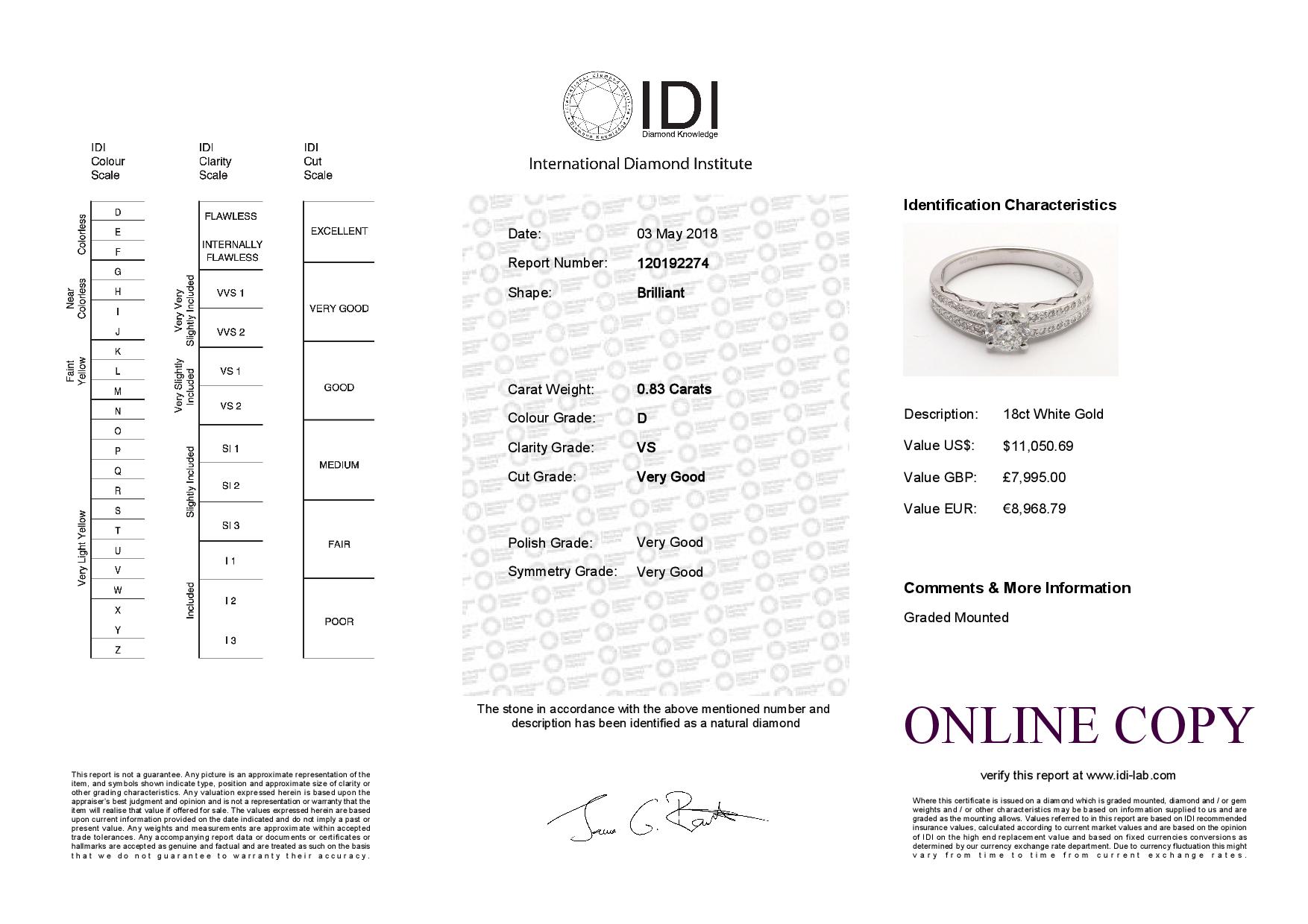 18ct White Gold Diamond Ring With Double Chanel Set Shoulders 0.83 Carats - Image 6 of 6