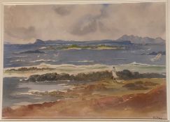 E C Rae signed Scottish watercolour Eigg looking over to Skye coastal scene