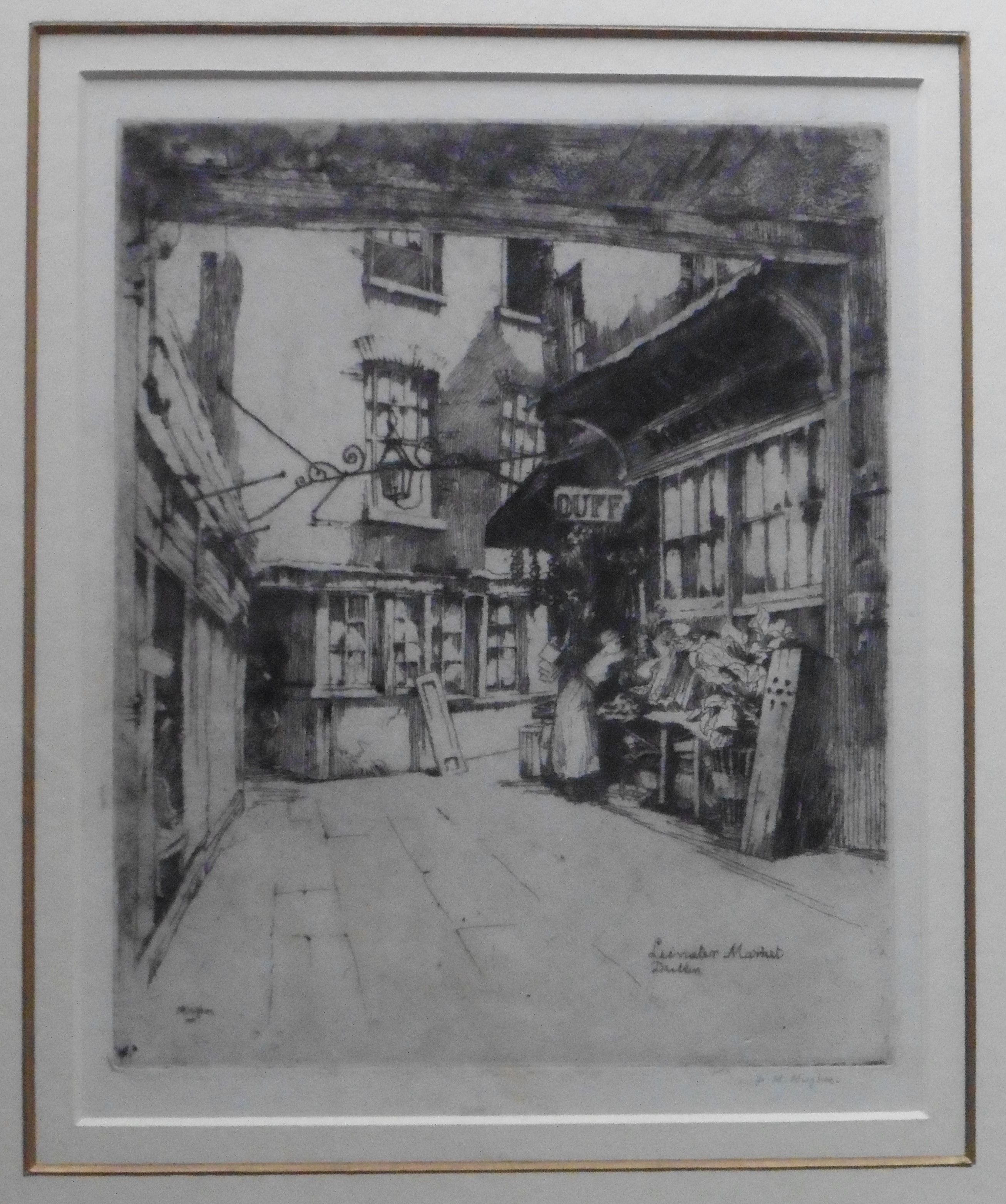 Pencil signed and titled etching by Hughes - view of Leinster market Dublin - Image 2 of 6