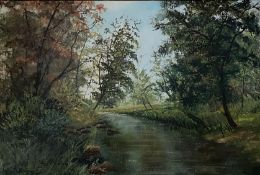 Large oil painting depicting a riverside Signed with an Indistinct signature