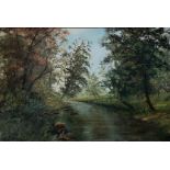 Large oil painting depicting a riverside Signed with an Indistinct signature