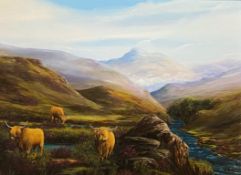 A W Cameron signed oil painting depicting highland cattle in a Scottish Landscape