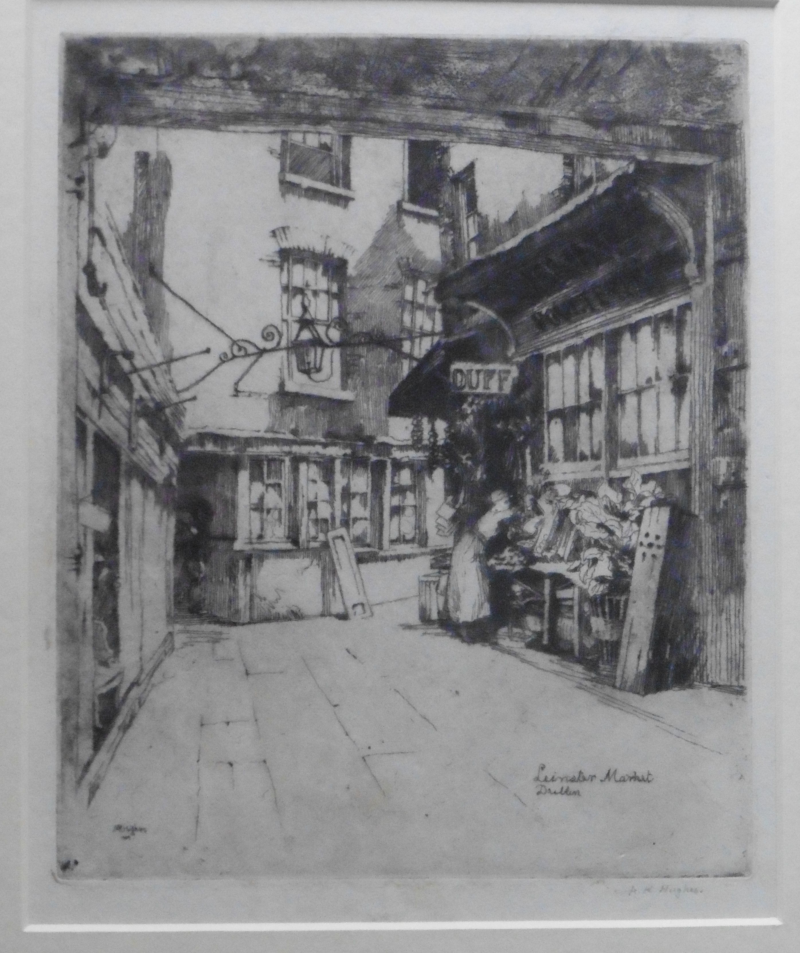 Pencil signed and titled etching by Hughes - view of Leinster market Dublin