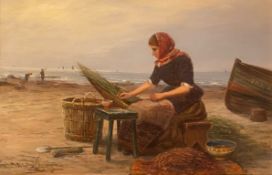 William Scott Myles (Scottish artist) oil on board "Mending the shrimp Nets"