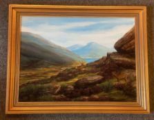 A W Cameron signed oil painting depicting stags in a Scottish Landscape