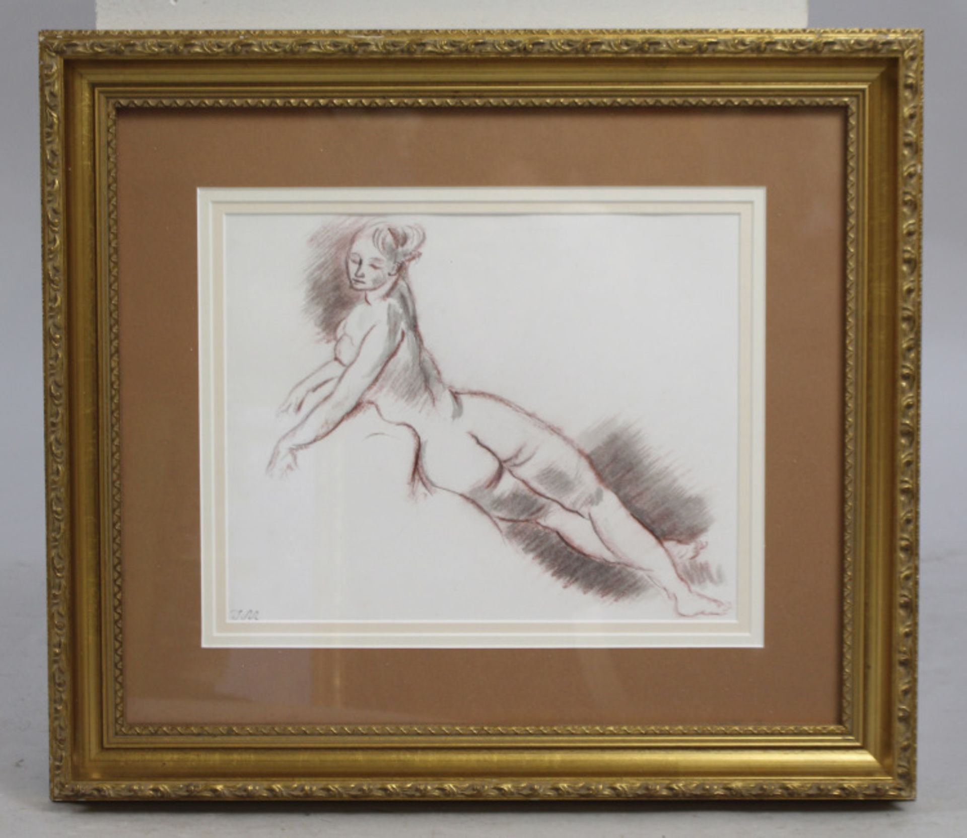 French Ink & Conte Nude Sketch Set in Gilt Frame