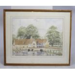 "Fairford Mill, Gloucestershire" English Watercolour 20th c. Framed