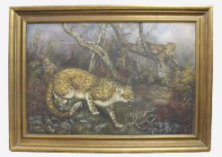 Leopards 20th c. Oil on Canvas Set in Gilt Frame