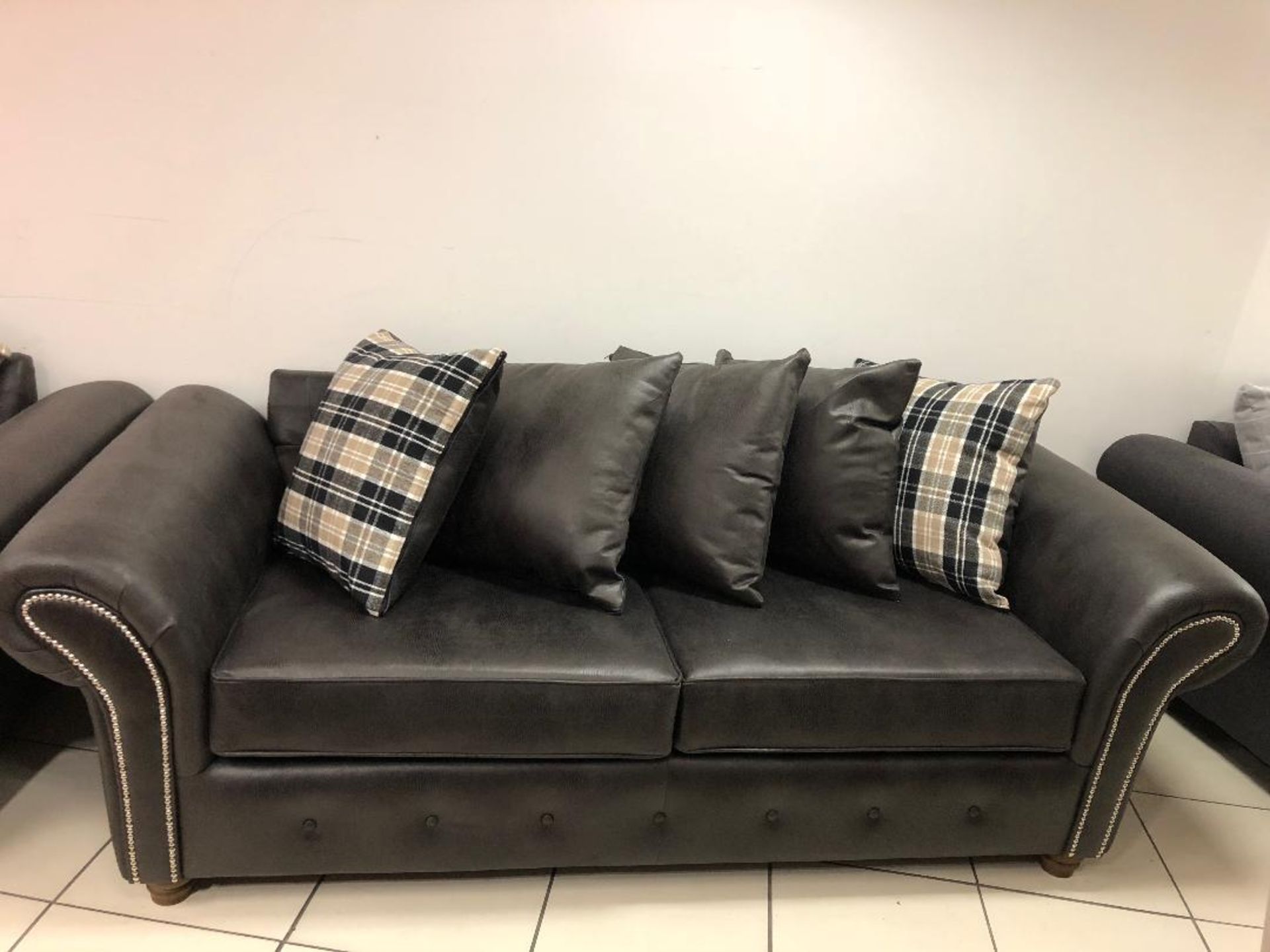 Verona 3 seater plus 2 seater sofas in black bonded leather with check accent cushions