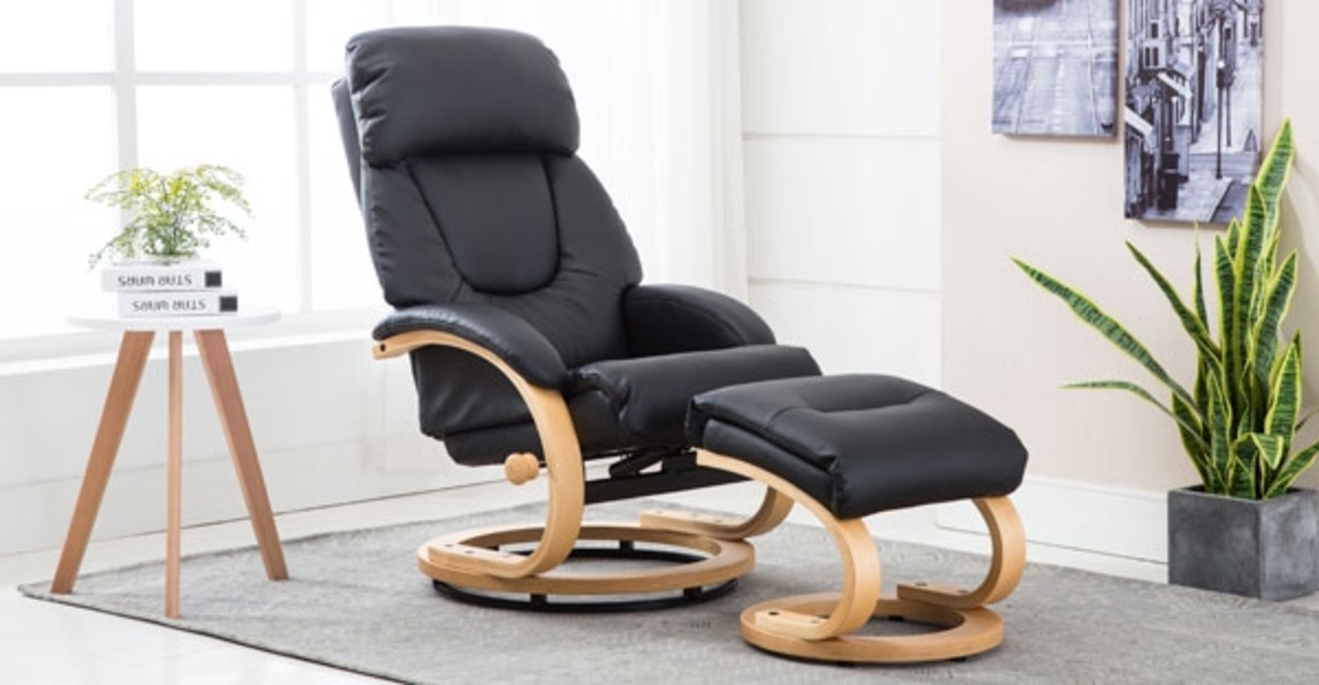 Brand new boxed Gfa livia black leather reclining swivel chair and footstool
