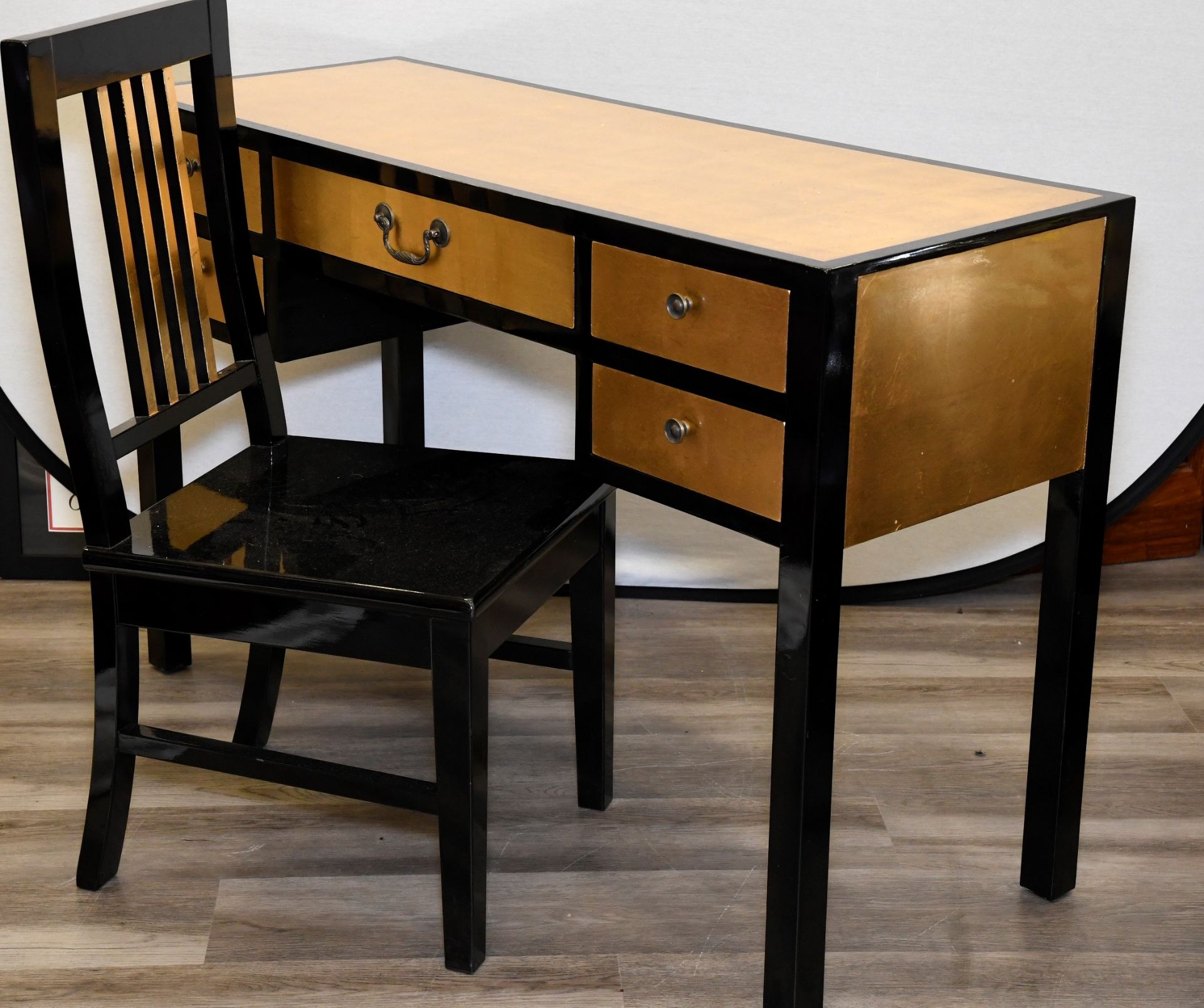 Lacquered Gold Leaf Inlayed Desk and Chair - Image 7 of 8