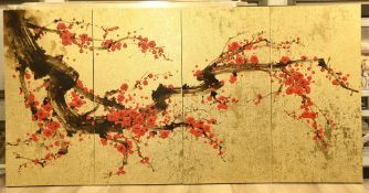 Four Panel Gold Leaf Hand Painted Screen