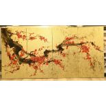 Four Panel Gold Leaf Hand Painted Screen