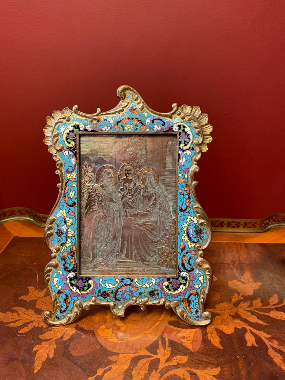 Antique Large French Champleve Enamel Cloisonne Picture Frame