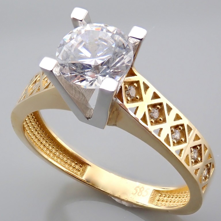 14K Yellow and White Gold Ring - Swarovski Zirconia Solitaire.