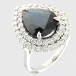 14K White Gold Cluster Ring 5,75 ct Natural Sapphire - 1,40 ct Diamond