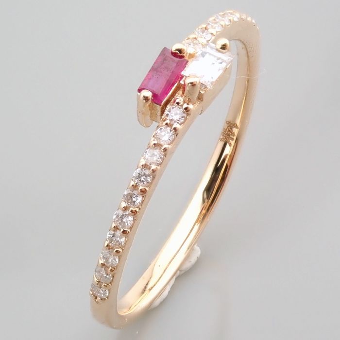 14 kt. Yellow gold - Ring - 0.14 ct Diamond - Ruby - Image 13 of 14