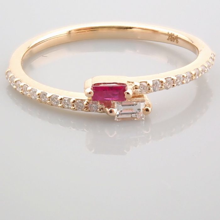 14 kt. Yellow gold - Ring - 0.14 ct Diamond - Ruby - Image 9 of 14